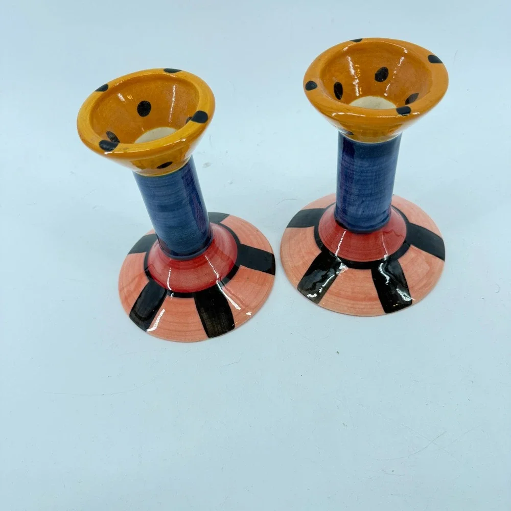 Vicki Carroll Candle Holders Pair OS Multicolor Hand Painted Studio Pottery 1997